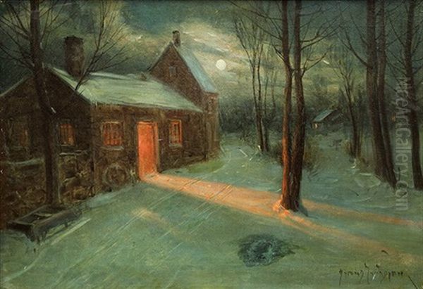 Snow Scene With House In The Moonlight - view 1