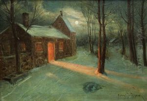 Snow Scene With House In The Moonlight by Svend Rasmussen Svendsen