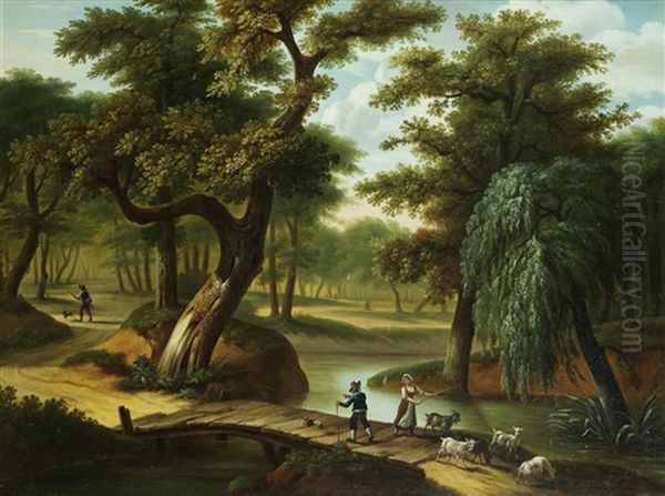 A Drover In A Wooded Landscape With A Hunting Scene Beyond; And Drovers Crossing A Bridge With A Huntsman In The Distance (pair) - view 1