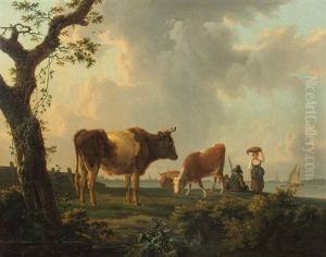 Hirten Bei Ihren Kuhen Auf Einer Uferwiese by Frans Swagers