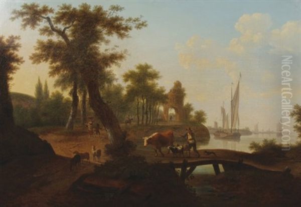 Wooded Landscape With Driver And Livestock Crossing A Bridge, A Town Beyond - view 1