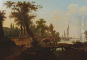 Wooded Landscape With Driver And Livestock Crossing A Bridge, A Town Beyond