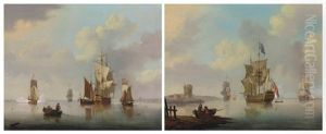 Ships Of The Red Squadron At Anchor, One Firing A Salute As She Prepares To The Leave The Anchorage; And An English Third-rate Of The Red Squadron At Anchor Off The Low Countries, Surrounded By Coastal Craft And With An Admiralty Yacht Firing A Salute Off