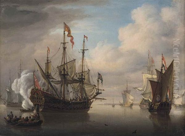 An English Two-decker, Probably With The King Aboard, Making Ready To Depart From Her Offshore Anchorage, And According A Dutch Admiralty Yacht The Usual Salute As She Passes - view 1
