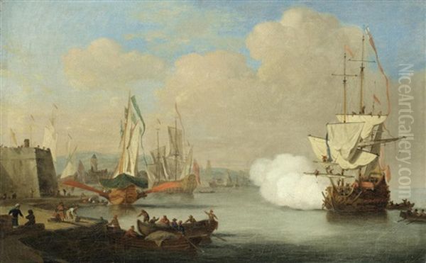 A Capriccio Of A Mediterranean Harbour Scene With An English Man O' War Firing A Salute - view 1