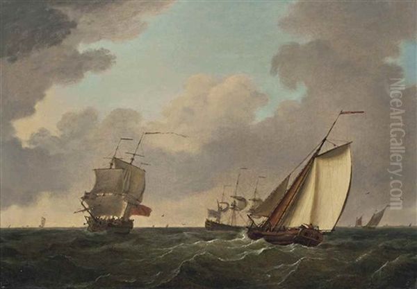 A Cutter Yacht Passing Two Frigates In A Freshening Breeze - view 1