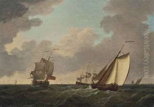 A Cutter Yacht Passing Two Frigates In A Freshening Breeze