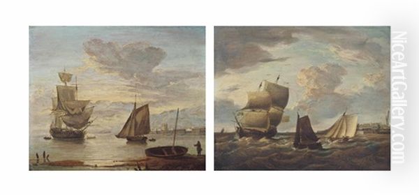 A Royal Navy Frigate At Anchor And Drying Her Sails Off Sheerness (+ A Royal Navy Warship And River Craft Off The Dockyard At Chatham (both Illustrated); Pair) - view 1