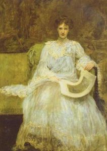 Portrait Of A Lady Seated Wearing A Blue Dress by Edwin Swan