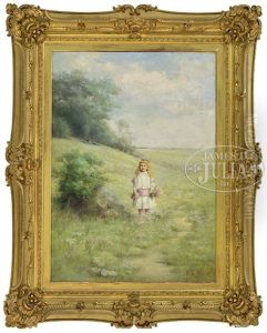 Young Girl Picking Flowers In Landscape by Emma Levina Swan