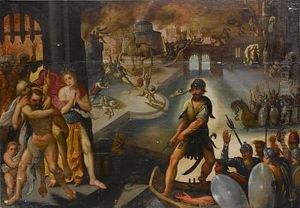 Aeneas And Anchises Fleeing The Burning City Of Troy by Jakob Isaacsz Swanenburgh