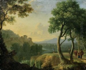 An Italianate River Landscape With Figures Gathered On The Banks, A Village Beyond by Herman Van Swanevelt