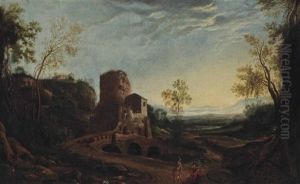 A Wooded River Landscape With Figures Conversing On A Track, Ruins Beyond A Wooded River Landscape With Figures Conversing On A Track, Ruins Beyond