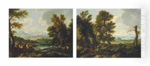 A Wooded River Landscape With Hunters On A Path, Mountains Beyond (+ A Wooded Landscape With Travellers At Rest And Music Making By A Stream, Mountains Beyond; Pair) by Herman Van Swanevelt