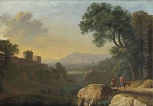 An Italianate River Landscape With Travellers On A Path, A Town Beyond by Herman Van Swanevelt