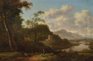 Weite Flusslandschaft Mit Figuren Im Vordergrund by Herman Van Swanevelt