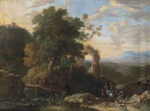 A Wooded, River Landscape With Ruins, A Hunting Party In The Right Foreground