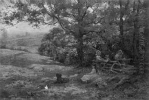 Children With Their Dog Near Forest Fence