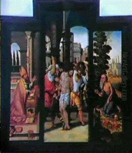 Altartryptichon Mit Der Geisselung Christi Im Mittelpunkt Und Den Hl. Augustin Und Hieronymus ... Altartryptichon Mit Der Geisselung Christi Im Mittelpunkt Und Den Hl. Augustin Und Hieronymus ...