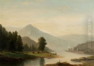 Flusslandschaft Mit Kuhen Und Blick Auf Ein Dorf