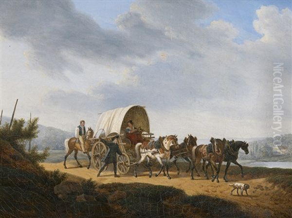 Flusslandschaft Mit Vierspannigem Planwagen - view 1
