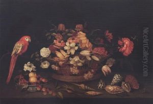 Lilies, A Crown Imperial, Tulips, Fritillaries, Roses And Other Flowers In A Basket, With A Wan-li Kraak Bowl With Fruit, A Parrot, Shells, A Lizard, And A Grasshopper On A Wooden Table by Hieronymus Sweerts