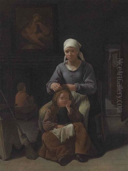 A Woman Grooming Her Child's Hair - view 1