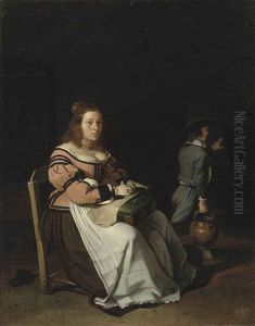 A Lady Sewing In An Interior by Michael Sweerts