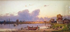 Barque Au Bord De L'etang Au Soleil Couchant by Alexander Swieszewski