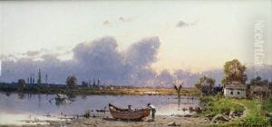 Barque Au Bord De L'etang Au Soleil Couchant by Alexander Swieszewski