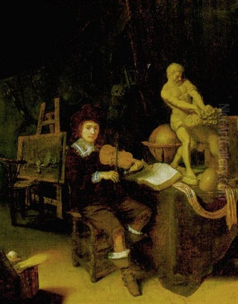 Self Portrait Of The Artist Seated, Playing A Violin Beside A Table With A Statue On It - view 1