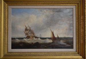 Fishing Boats And Other Shipping With Light Ships In The Humber Estuary Off Spurn Point by John Warkup Swift