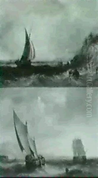To Marinemalerier Med Sejl- Skibe Udfor Kyst - view 1