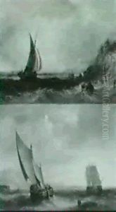 To Marinemalerier Med Sejl- Skibe Udfor Kyst by John Warkup Swift