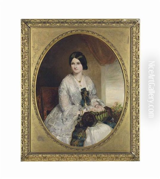 Portrait Of Lady Georgina Lygon, Three-quarter Length, In A White Dress With An Accordion - view 1
