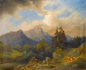 Weidende Kuhe Auf Der Alp by Rudolph Swoboda the Elder