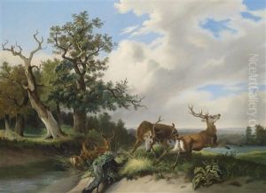 Rotwildrudel Vor Einer Weiten Landschaft by Rudolph Swoboda the Elder