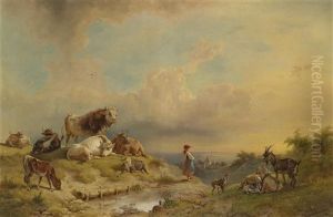 Ruhende Herde Mit Kleiner Hirtin by Rudolph Swoboda the Elder