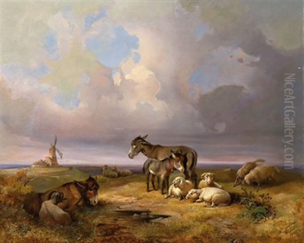 Weite Landschaft Mit Schafen, Eseln Und Einem Lagernden Rind - view 1