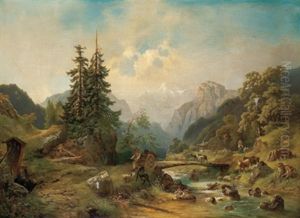 Idyllische Gebirgslandschaft Mit Hirten Und Weidevieh