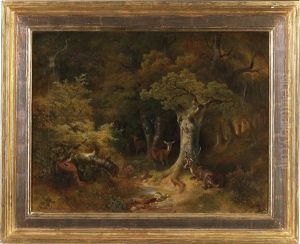Red Deer By A Woodland Stream