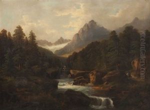 Alpine River Landscape With Figures by Rudolph Swoboda the Younger