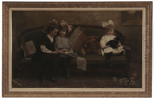 Three Girls Reading And Holding A Cat On A Sofa - view 1