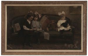 Three Girls Reading And Holding A Cat On A Sofa by James Brade Sword