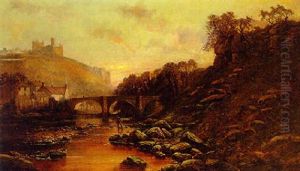 A Fisherman On The River Coquet With Warkworth Castle Beyond by John C. Syer