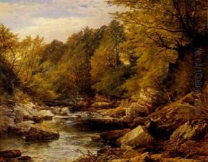 Blick In Ein Gebirgiges Flusstal, Hinter Fels Rechts Ein Angler Blick In Ein Gebirgiges Flusstal, Hinter Fels Rechts Ein Angler