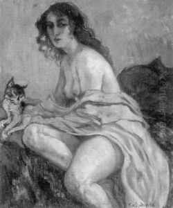 Sitzender Weiblicher Akt Mit Katze Und Rosa Tuch by Kasia V. Szadurska