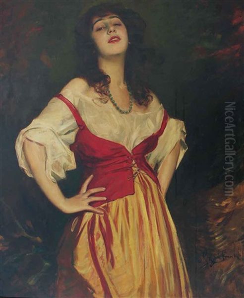 Portrait Einer Dunkelhaarigen Schonen Mit Rotem Mieder U. Blauer Kette - view 1