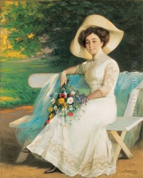 Woman In A Hat With A Bunch Of Flowers - view 1