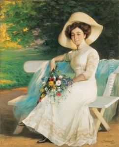 Woman In A Hat With A Bunch Of Flowers by Fueloep Szenes